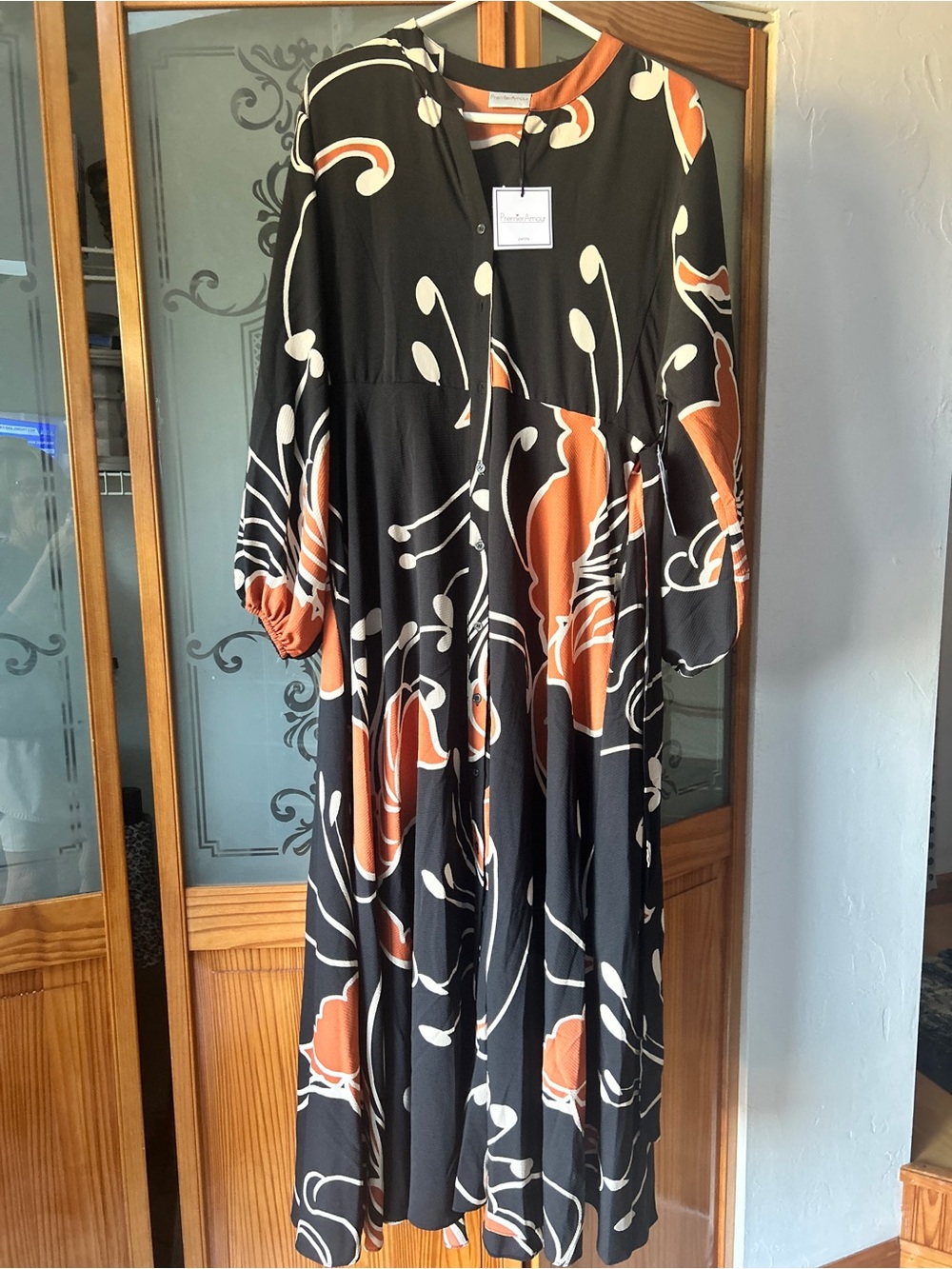 Premier Black Maxi Dress with Orange & Cream Abstract Print